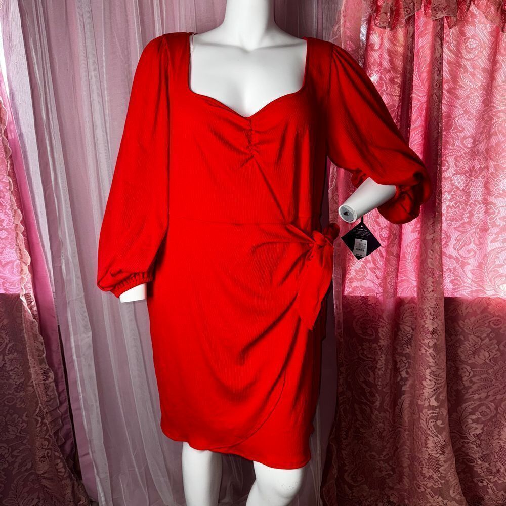 Elegant Red Wrap Dress with Puff Sleeves -‎ Ava Viv 1x B1